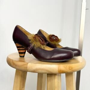 J Shoes Dorothy Leather Mary Jane Burgundy Pumps Fur Flowers Size 6